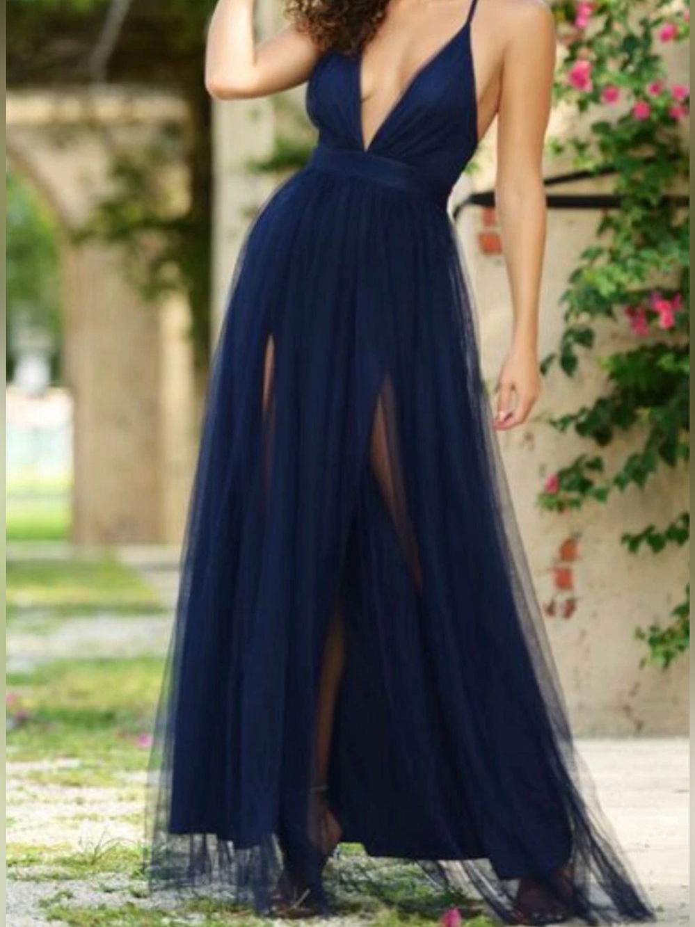 Luxxel Selena Tulle Maxi Dress w/ Deep V-Neckline in Navy Blue, Size Medium